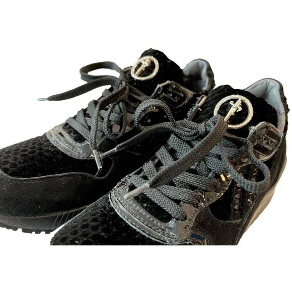 CESARE PACIOTTI BLACK Velvet 6 US LEATHER Suede Rhinestone SNEAKERS 35 1w AD - Picture 2 of 10